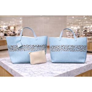 Laser Cut Light Blue Faux Pebble Leather Tote Bag with pouch